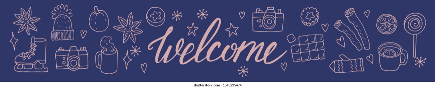 Vector hand-drawn set with winter things and objects and hand lettering Welcome