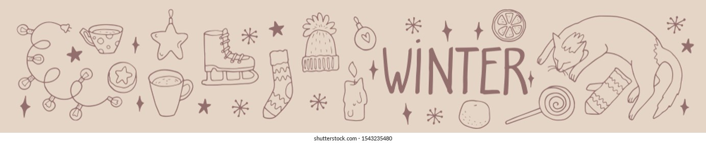 Vector hand-drawn set with winter things and objects and hand lettering Winter