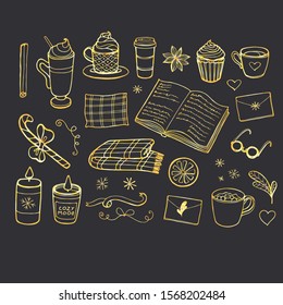 Vector hand-drawn set with winter things and objects and hand lettering Hugge time.