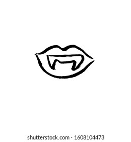Vector handdrawn sexy lips with vampire teeth. Ink brush template isolated on white background. 