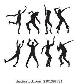 Vector hand-drawn silhouettes of dancing people. Isolated paint blots on a white background.