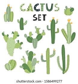 Vector hand-drawn simple childish cute set with cacti of different shapes and sizes in the Scandinavian style on a white background. Vector cacti isolated on white background.