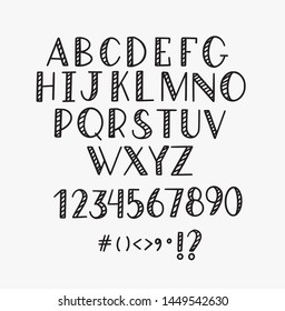 Vector hand-drawn simple fun lettering alphabet. Capitals and digits only. Doodle calligraphy typeset