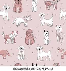 Vector hand-drawn simple pattern with cute dogs. Children's texture with dogs. Dogs print. Pets background.