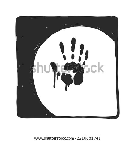 Vector hand-drawn sketch with a bloody handprint on the wall in a circle of light from a flashlight.  Noir detective illustration with a crime scene.
