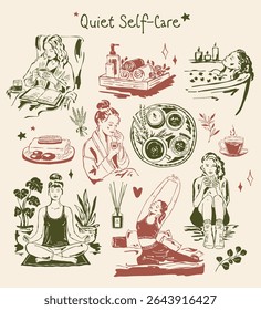 Vector hand-drawn sketch collection on the theme of quiet self-care. Minimalist line illustrations reflecting calm, relaxation, and cozy everyday moments	