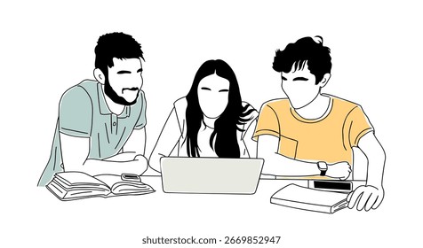 Esboço desenhado à mão de diversos alunos em mesas com laptops, design plano moderno, ideal para educação, aprendizagem, escola, faculdade, sala de aula e projetos acadêmicos