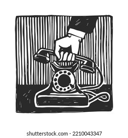 Vector hand-drawn sketch of a hand with a handset in the style of linocut. An illustration of a noir detective with a vintage telephone and spy man.