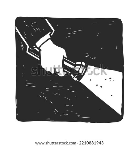 Vector hand-drawn sketch of a hand with a pocket flashlight. Illustration of a private detective looking for clues in the dark.