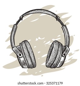 vector hand-drawn sketch of headphones against grunge background. EPS