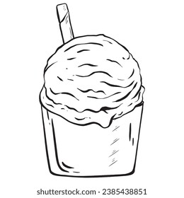 Vector. Esbozo dibujado a mano. Caza de helado en una taza con una paja crujiente de gofre. Trato de verano. Un placer delicioso. Adecuado para menús, tienda, cafetería y decoración de restaurantes