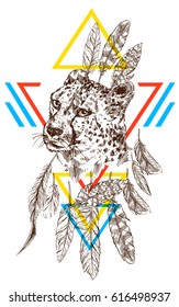 Vector hand-drawn sketch illustration  cheetah. Boho style. Drawing by hand. Good for print for t-shirt, card, invitations.