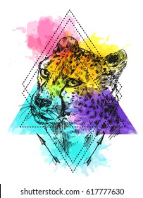Vector hand-drawn sketch illustration  cheetah. Boho style. Drawing by hand. Good for print for t-shirt, card, invitations.