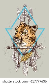 Vector hand-drawn sketch illustration  cheetah. Boho style. Drawing by hand. Good for print for t-shirt, card, invitations.