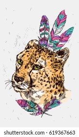 Vector hand-drawn sketch illustration  cheetah. Boho style. Drawing by hand. Good for print for t-shirt, card, invitations.