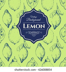 Vector hand-drawn sketch of lemon. Seamless nature background with fruit pattern. Fresh organic food. Vintage style.