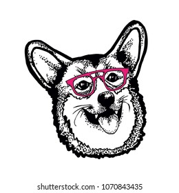 Vector hand-drawn sketch portrait of welsh corgi pembroke . Puppy dog hand drawn, black and white illustration sketch.