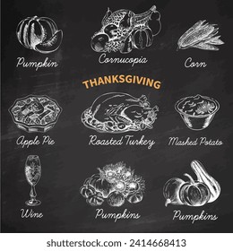 Vector hand-drawn sketch Thanksgiving food set. Sketch. Chalkboard. Restaurant menu. Retro illustration. 