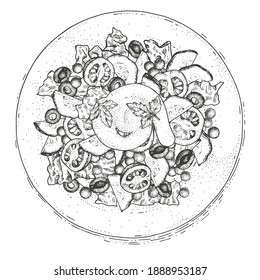 Esbozo vectorial hecho a mano de ensalada de verduras en una bandeja. Una mezcla de tomates de cerezo, pepino, aceitunas negras, guisantes verdes, lechuga, especias y salsa. Grabado de estilo vintage. Vista superior
