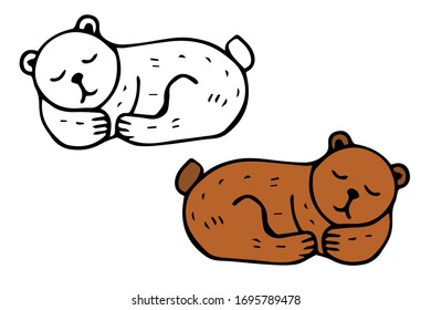 vector hand-drawn sleeping bear. isolated on a white background. autumn element. graphic icon. coloring book with a color example.