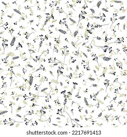 Vector hand-drawn small branches with berries and ornamental leaves seamless pattern. Minimalistic floral background. Botanical repeatable simple backdrop.