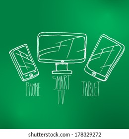 Vector hand-drawn smart phone, tv and tablet set illustration on chalkboard
