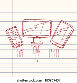 Vector hand-drawn smart phone, tv and tablet set illustration on lined paper