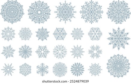 Vector hand-drawn snowflakes set. Delicate snow icon silhouettes. Isolated on white background. Design elements for Christmas, winter prints, seasonal greetings, or any use.