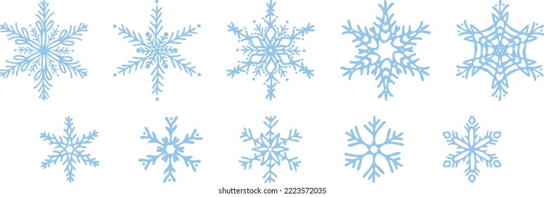 Handgezeichnete Schneeflocken-Set für Vektorgrafiken. Silhouetten mit Schnee. Designelemente für Weihnachten, Winterdrucke, saisonale Grüße.