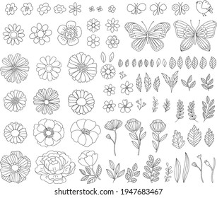 Vector hand-drawn spring design elements. Vintage rustic floral illustrations. Branches, leaves, flowers, butterflies, birds.