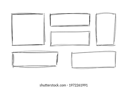 Vector handdrawn squares, drawing frames isolated on white background, black lines, rectangular and square shapes.