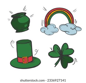 Vector hand-drawn St. Patrick's Day elements set. Leprechaun hat, small pot, rainbow, clover leaf. Outline pictures with color fill. Flat graphic signs collection. Irish traditional festive attributes