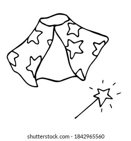 vector hand-drawn the Stargazer's mantle with stars and magic wand. Doodle icon, sticker, print, sketch. isolated on a white background. decor for Halloween