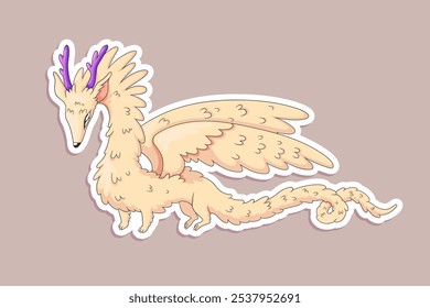 Vector hand-drawn sticker with forest spirit in the form of a horned dragon isolated on white.