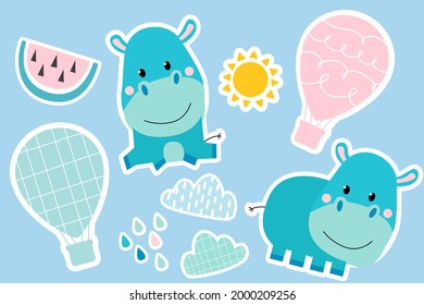 Vector. Hand-drawn stickers with hippos, clouds, balloons, sun and watermelon. Large sticker pack.