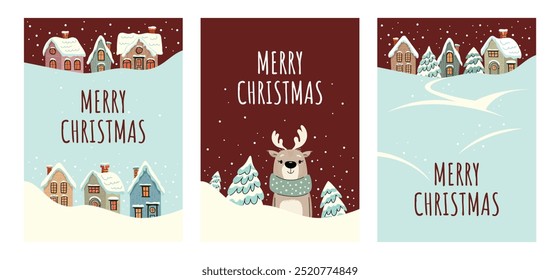 Vector Hand-Drawn Style, Cute, Merry Christmas Postcards, Greetings, Flyers with Minimalist Christmas Village and Reindeer Background