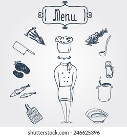 Vector hand-drawn stylish chef with dishes and menu label 