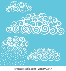 Vector hand-drawn stylize cute curly clouds
