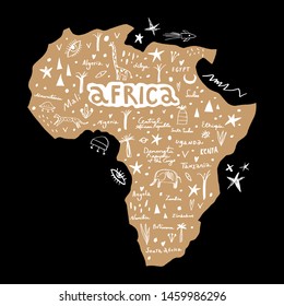 Vector handdrawn stylized map of Africa. Travel doodle illustration with landmarks and animals. Detailed and isolated