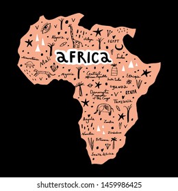 Vector handdrawn stylized map of Africa. Travel doodle illustration with landmarks and animals. Detailed and isolated