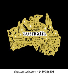 Vector handdrawn stylized map of Australia. Travel doodle illustration with landmarks and animals. Detailed and isolated