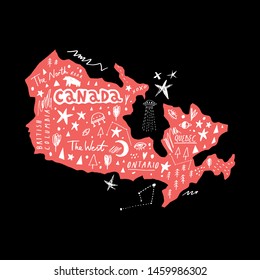 Vector handdrawn stylized map of Canada. Travel doodle illustration with landmarks and animals. Detailed and isolated