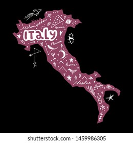 Vector handdrawn stylized map of Italy. Travel doodle illustration with landmarks and animals. Detailed and isolated