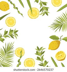 Vector hand-drawn Sukkot (Jewish High Holidays) composition: lemon, palm leaves, willow, myrtle illustrations. Pre-made greeting card template with empty space for your text