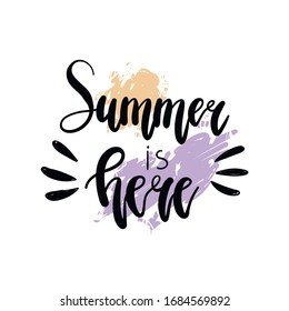 Vector hand-drawn summer lettering Summer is here on a color background. Summer hand drawn brush letterings. Summer typography. Design element for seasonal posters, t-shirts, cards
