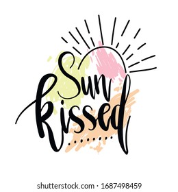 Vector hand-drawn summer lettering Sun kissed on a color background. Summer hand drawn brush letterings. Summer typography. Design element for seasonal posters, t-shirts, cards
