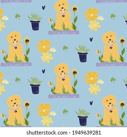 Vector handdrawn summer pattern with golden retriever dog with sunflowers, garden pot, cosmos flower and clover. Pattern for childrens,  fabric and wraping paper. 