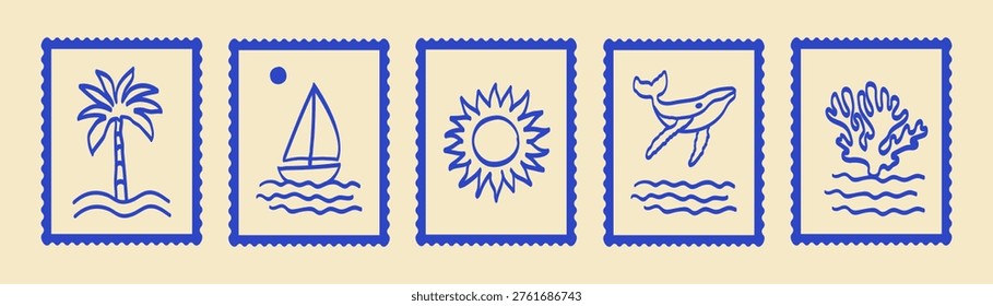 Vector hand-drawn summer stamp ocean print, tropical sea set: a palm tree, a sailboat on waves with a sun, a radiant sun, a whale above water, and coral over rippling sea lines. Coastal blue post stamp beach sign design. 