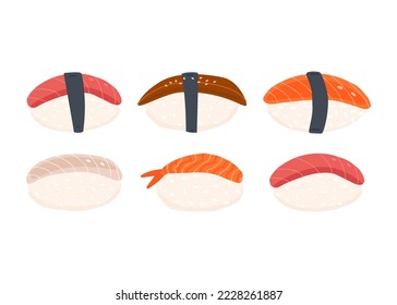 Vector hand-drawn sushi set with shrimp, eel, salmon, tuna and white fish. Traditional Asian food on a white background.