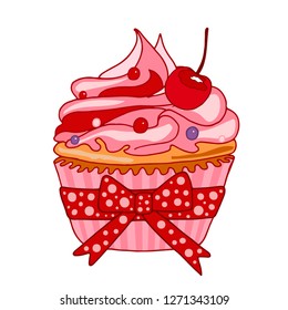 Vector hand-drawn sweet cupcake. Muffin isolated on white background. Delicious pink dessert decorated with cherries, sugar balls.